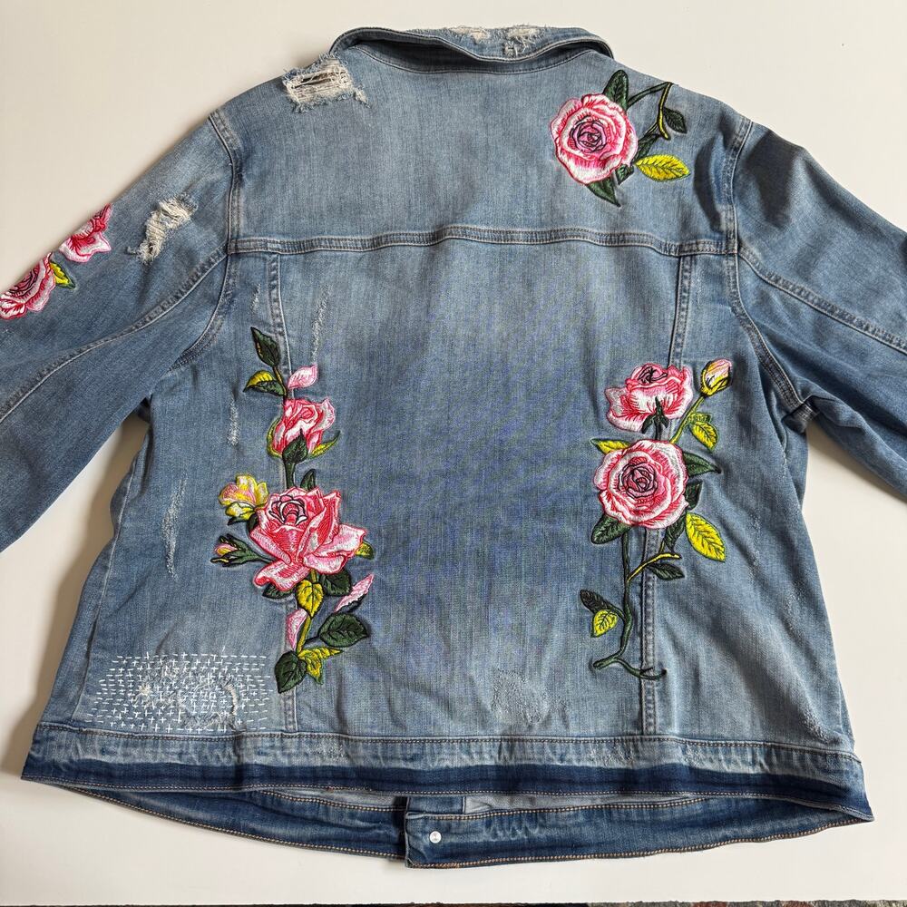Lane Bryant Floral Embroidered Distressed Trucker Jean Jacket Sashiko Size 20 - Picture 6 of 15